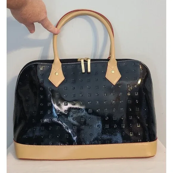 Arcadia Italian Bugatti Black Patent Leather Satchel Dome Handbag Tan & Red Trim - Picture 3 of 12